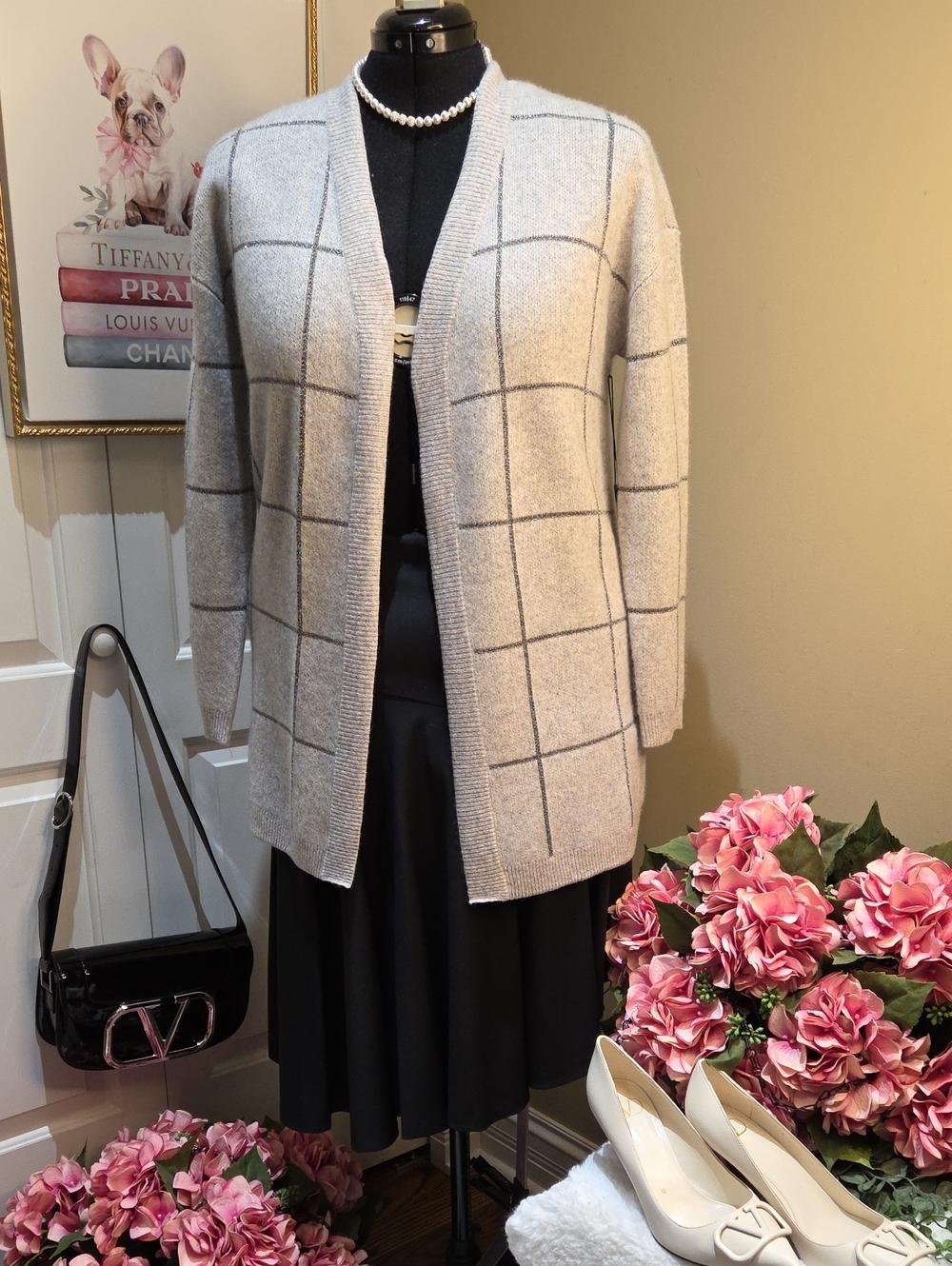 Tahari Light Gray Windowpane Open-Front Cardigan